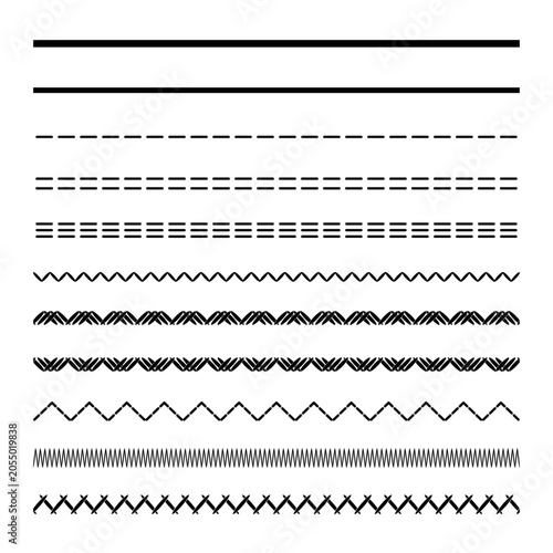 Sewing and embroidery stitch vector brushes for fashion design and garment technical drawings. Includes single, double, triple needle, zigzag, herringbone, cross stitch and decorative seams.