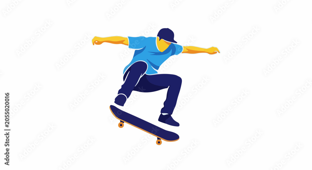 Fototapeta premium Stylized action shot of a skateboarder performing a trick mid-air against a white background