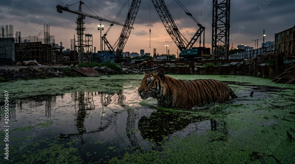 Fototapeta premium Tiger wading through algae covered water at dusk amid industrial construction site with cranes and urban skyline. moody twilight scene combining wildlife presence with abandoned industrial backdrop.
