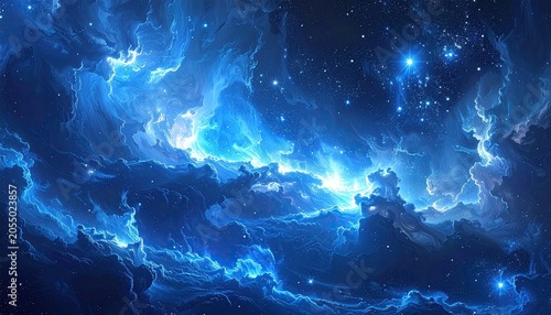 Vibrant Blue Nebula Clouds with Distant Stars in Deep Space.