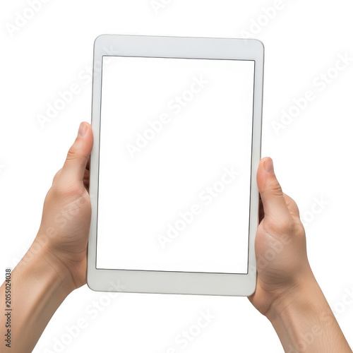 Hands holding a white tablet device isolated on transparent background