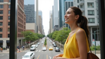 Woman wearing yellow top looking out at city street from high vantage point.