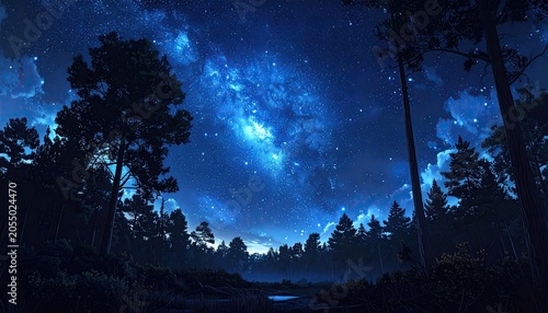 Enchanting Night Sky Over a Serene Forest Landscape.