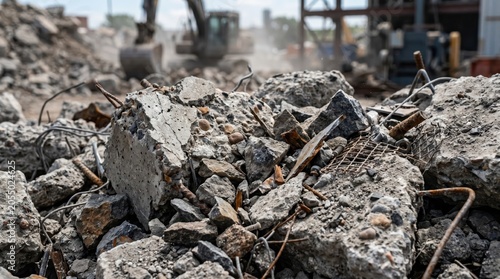 Obraz na płótnie Close foreground of broken concrete rubble and exposed rebar at demolition site, scattered chunks and metal debris with blurred excavator and industrial structure in background