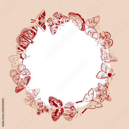 Round frame with butterflies, vector illustration
