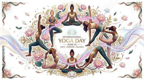 Circular composition of women doing yoga for international yoga day