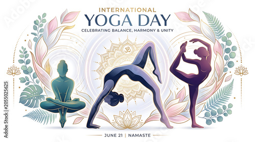 Artistic silhouettes of women in yoga poses with botanical frame