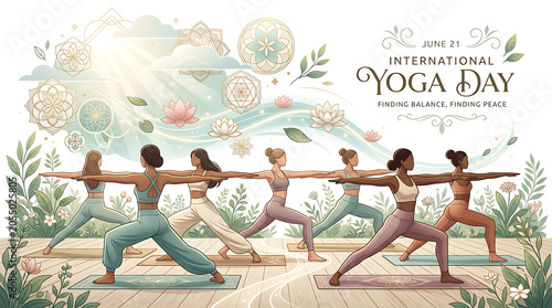 Group of women in warrior pose against a dreamy outdoor background