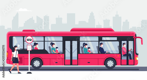 Public Transport Bus Vector Illustration Featuring Commuters Wearing Protective Face Masks During Daily City Travel Routine