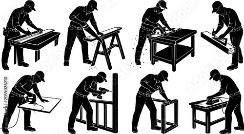 Carpenter silhouette set, measuring, cutting wood, assembling furniture and construction workshop activities isolated on white background