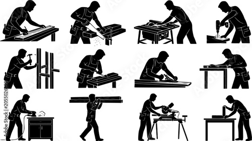 Carpenter silhouette set, measuring, cutting wood, assembling furniture and construction workshop activities isolated on white background