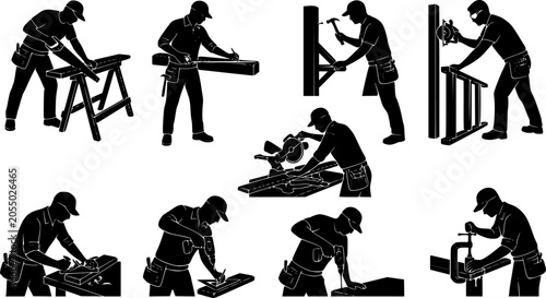 Carpenter silhouette set, measuring, cutting wood, assembling furniture and construction workshop activities isolated on white background