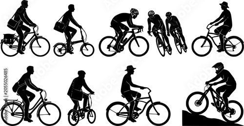 Cyclist silhouette set, commuting, road cycling, mountain biking and recreational riding activities isolated on white background