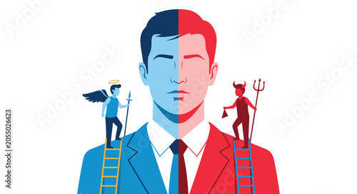Businessman with split red and blue colors stands between a tiny angel and devil on ladders whispering into his ears.