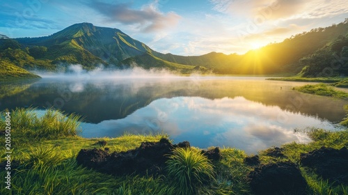 Serene volcanic lake sunrise (1)