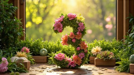 Colorful flowers forming the number three, with plants and pots around.