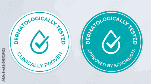 Two round vector illustration badge designs featuring dermatologically tested and clinically proven text for professional skincare product packaging label branding