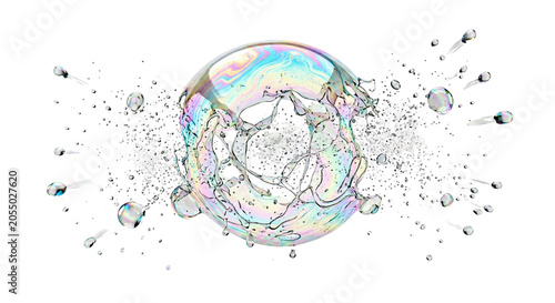 фотографія Bursting iridescent soap bubble with splashing liquid droplets