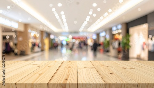 Empty Wooden Tabletop Foreground with Blur Shopping Mall Interior Background.