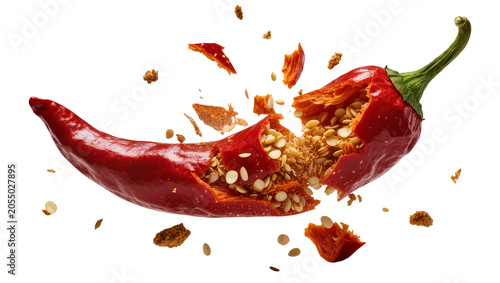 Foto Isolated exploding red hot chili pepper with flying seeds and vibrant spice piec