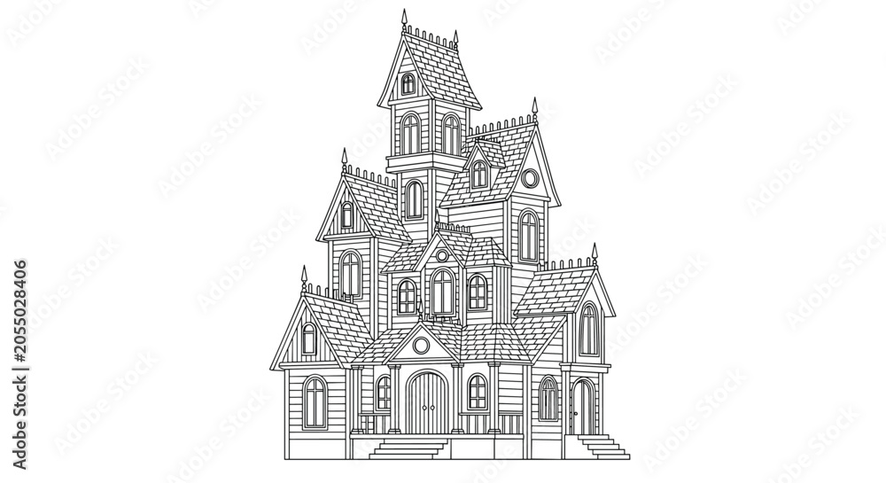 Fototapeta premium Gothic victorian haunted house with tall spires, arches, and gables in a highly detailed black and white outline sketch.