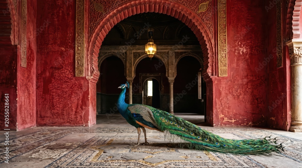 Fototapeta premium Peacock walking through arched historic courtyard with patterned stone floor and ornate red plaster walls, long iridescent tail trailing across mosaic tiles suggesting palace or monument setting