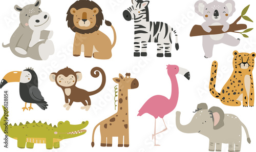 Canvas Print Cute Safari Animals Vector Collection with Lion, Giraffe, Elephant, Zebra, Hippo