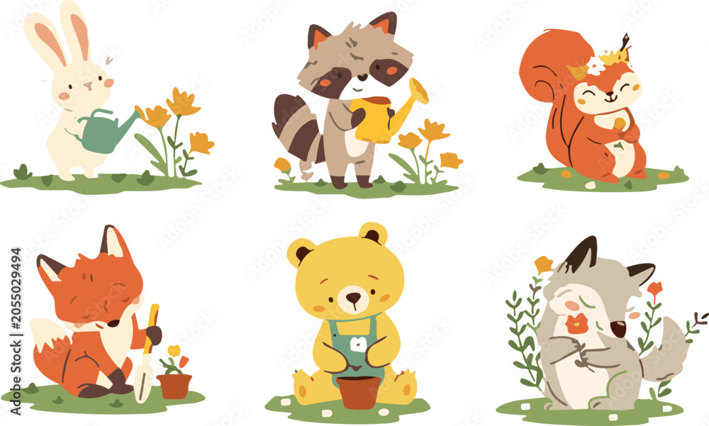 Fototapeta premium Cute Forest Animals Gardening Vector Set with Rabbit, Raccoon, Squirrel, Fox, Bear, and Wolf Planting Flowers for Spring and Autumn Kids Designs