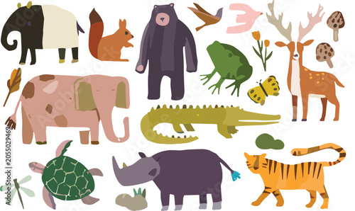 Photography Watercolor Style Wild Animals Vector Set with Elephant, Bear, Tiger, Deer, Croco