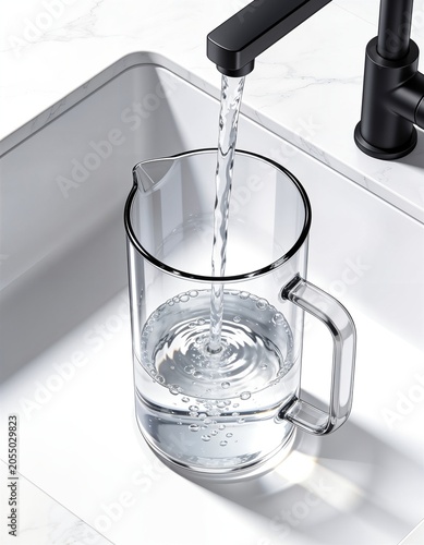 Clear Drinking Water Pouring into Transparent Glass on Modern Kitchen Countertop
