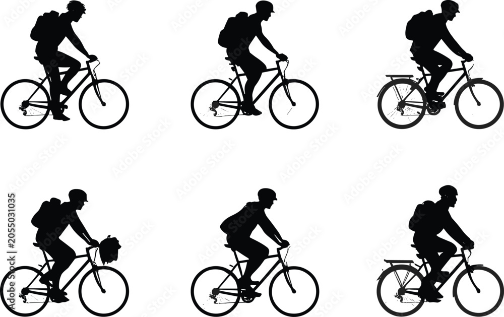 Obraz premium Cyclist Silhouette Set Featuring Urban Commuters Riding Bicycles with Backpacks