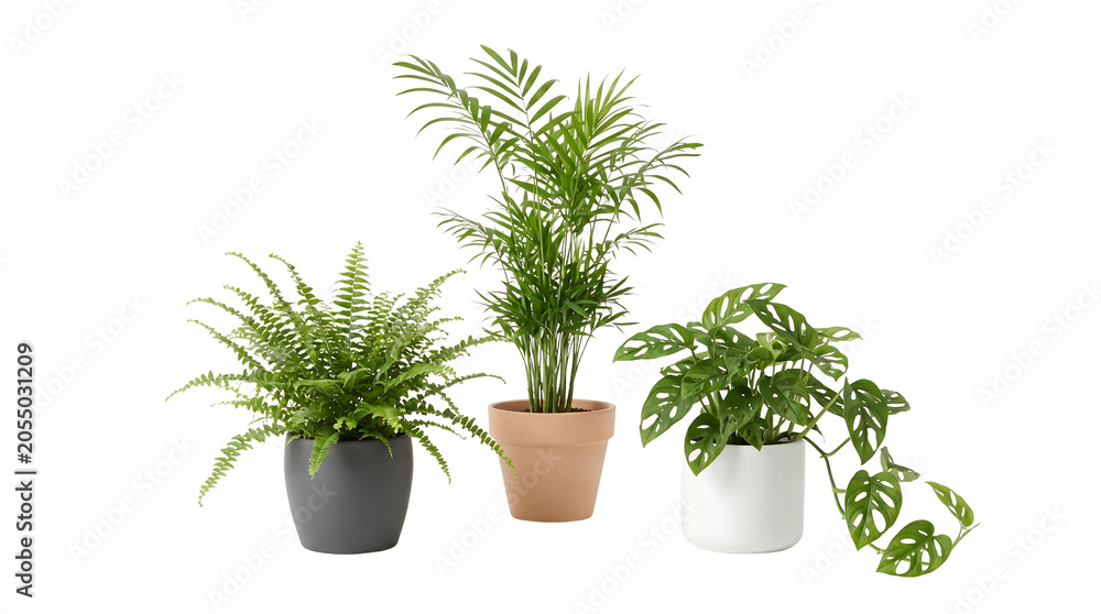 Fototapeta premium Three different potted houseplants arranged on a white background, showcasing their unique foliage and textures.