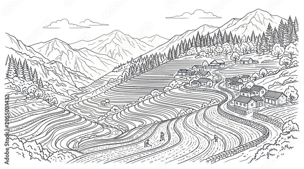 Fototapeta premium Terraced rice fields and scenic mountain village landscape