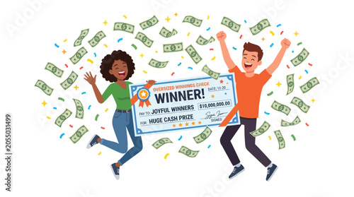 Fotografía Joyful winners jumping with a giant cash prize check and money rain