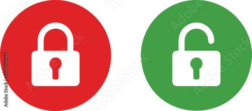 Fotografie Closed lock icon in red circle and open lock icon in green circle representing secure and insecure status symbols