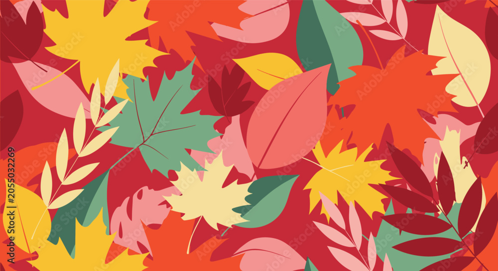 Fototapeta premium Autumn seamless pattern showcasing colorful fall leaves in shades of red, orange, yellow, and green overlapping each other.