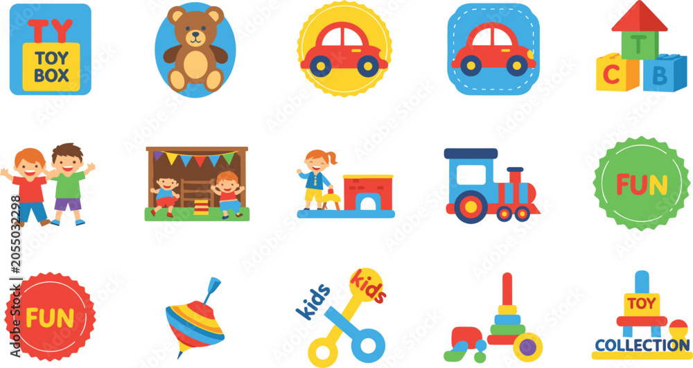 Fototapeta premium Kids Toy and Childhood Play Collection Vector Set Isolated on White Background