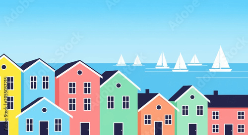 Colorful Waterfront Houses with Sailing Boats Illustration
