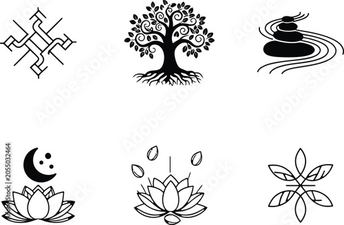Canvas Print Collection of black and white minimalist symbols tree lotus stones runes and flo