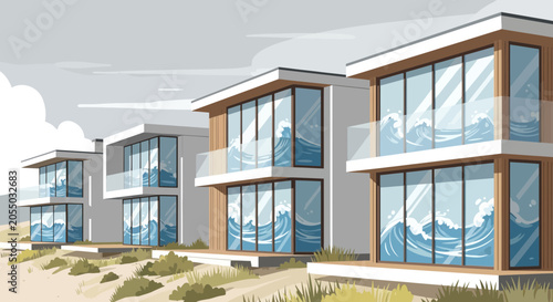 Modern Beachfront Homes with Wave Windows Artistic Illustration
