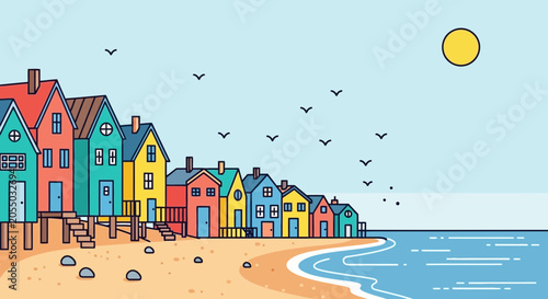 Colorful Waterfront Houses by the Shore with Sunny Sky