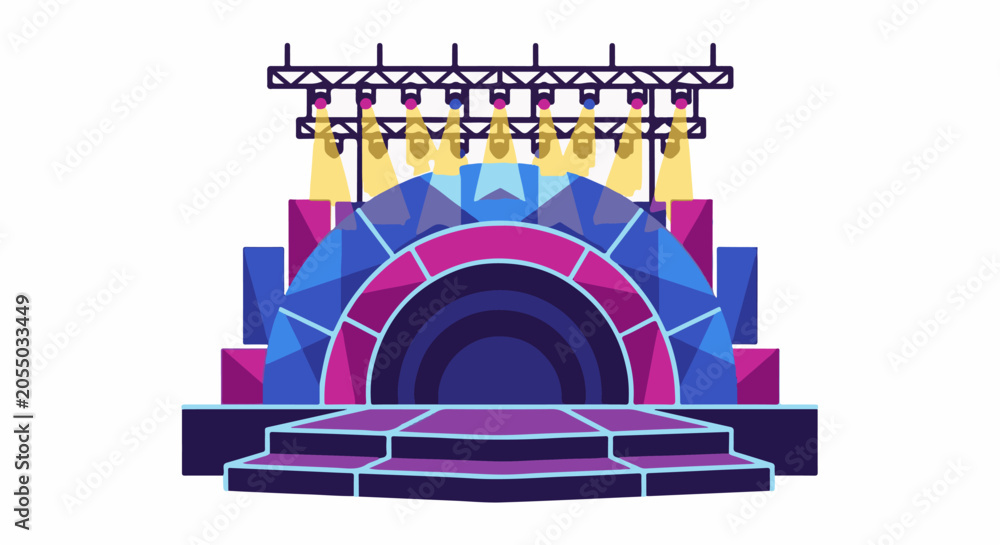 Fototapeta premium A colorful, abstract stage with spotlights and steps, on a white background