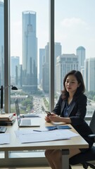 Female professional working at her desk with the skyline in the background.