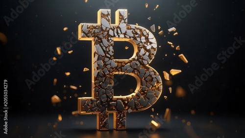 Shattered gold Bitcoin symbol against dark background