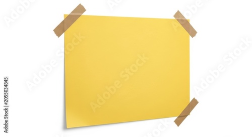 Blank yellow paper note attached with tape isolated on white background