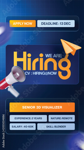 Modern hiring social media post template with job vacancy announcement, recruitment banner design, blue corporate background, UI/UX designer position, remote work concept, clean professional layout