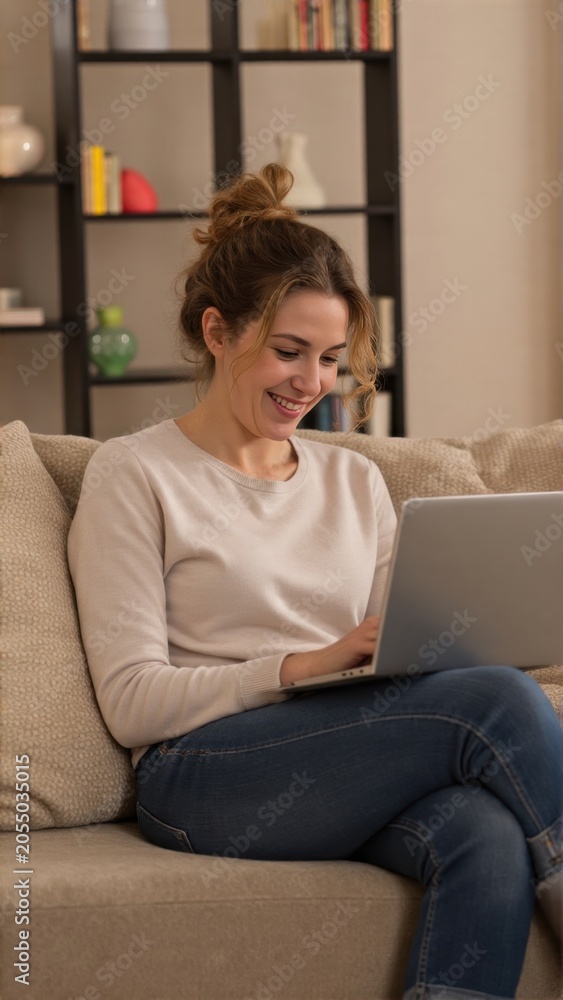 Fototapeta premium A woman is sitting on a couch, smiling while working or browsing the internet using a laptop computer. The scene suggests a comfortable home environment where technology is integrated into daily life.