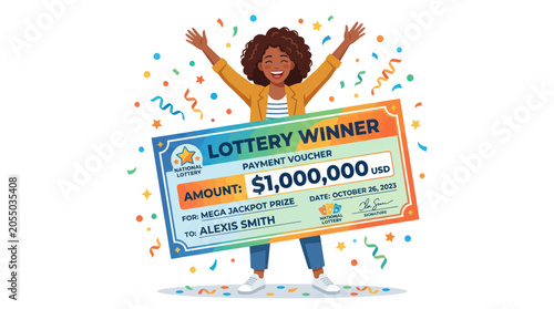 Cuadro en lienzo Joyful woman celebrating million dollar lottery win with giant check