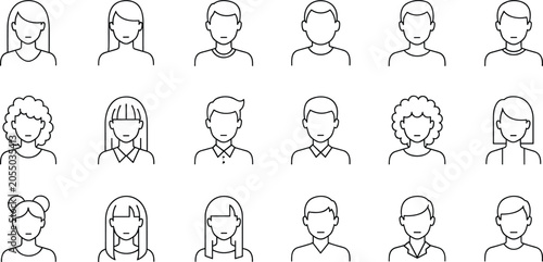 Photos Set of sixteen minimalist black and white line icons of diverse human faces and