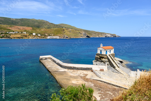 Panagia Thalassini of Andros, a picturesque chapel built on a rock in the sea. Cyclades, Greece